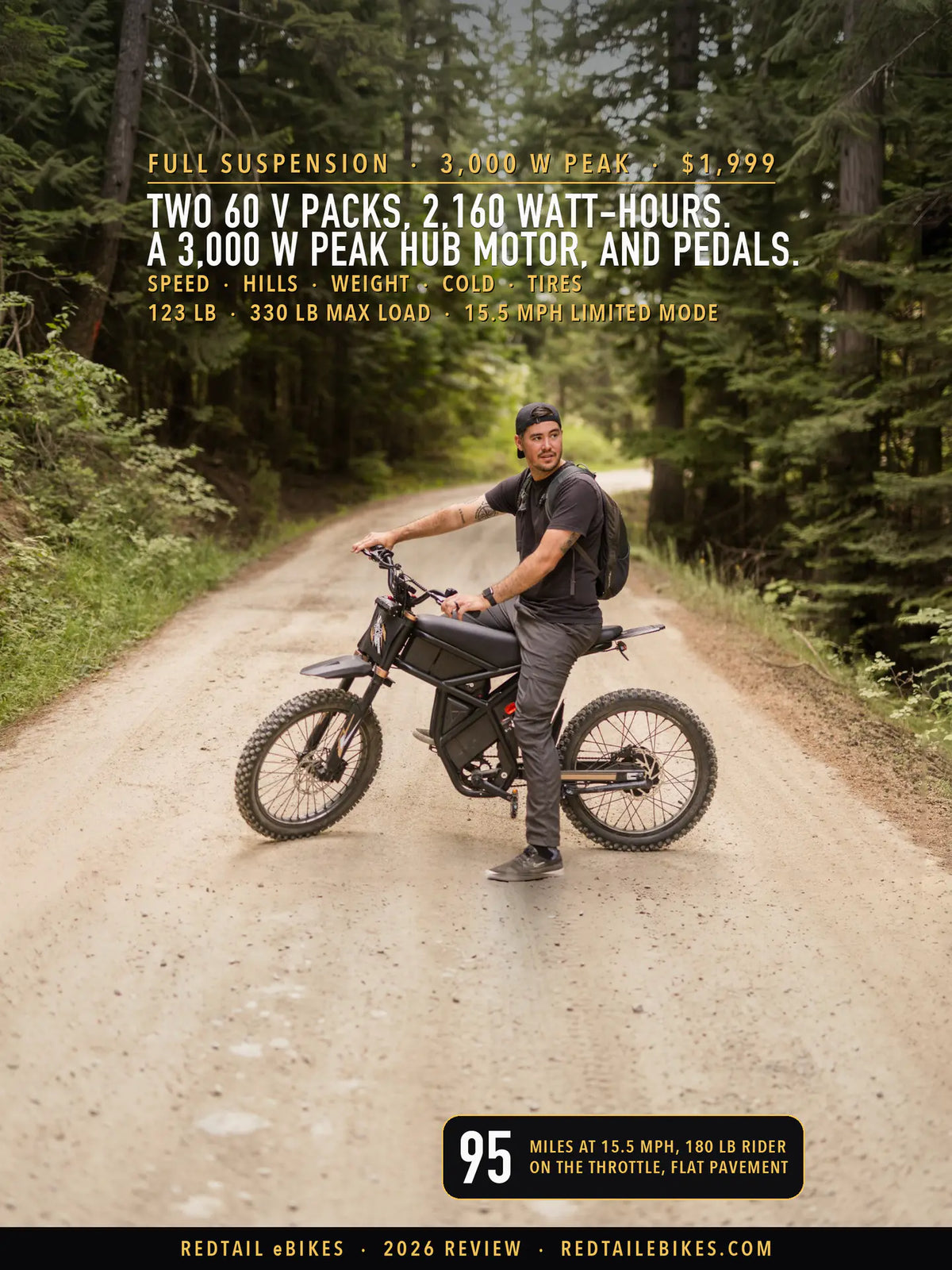 Riding'times GT73 Pro electric dirt bike with pedals parked on a dirt road through a conifer forest, its rider seated on it with a pack on his back and looking back over his shoulder