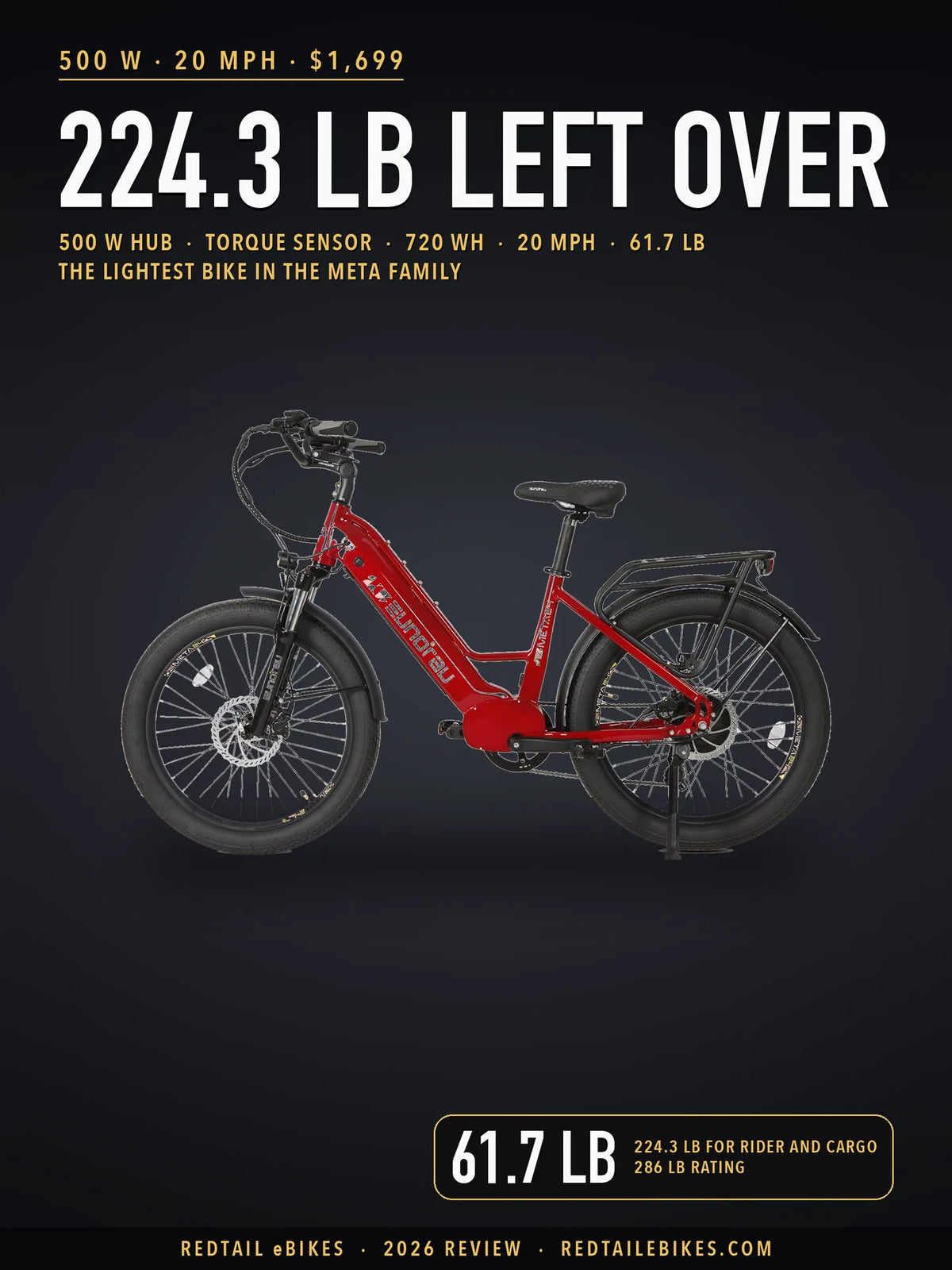 Eunorau META24 1.0 city commuter electric bike in Deep Crimson, studio profile showing the step-through frame, rear rack, full fenders and 24 by 3.0 inch tires
