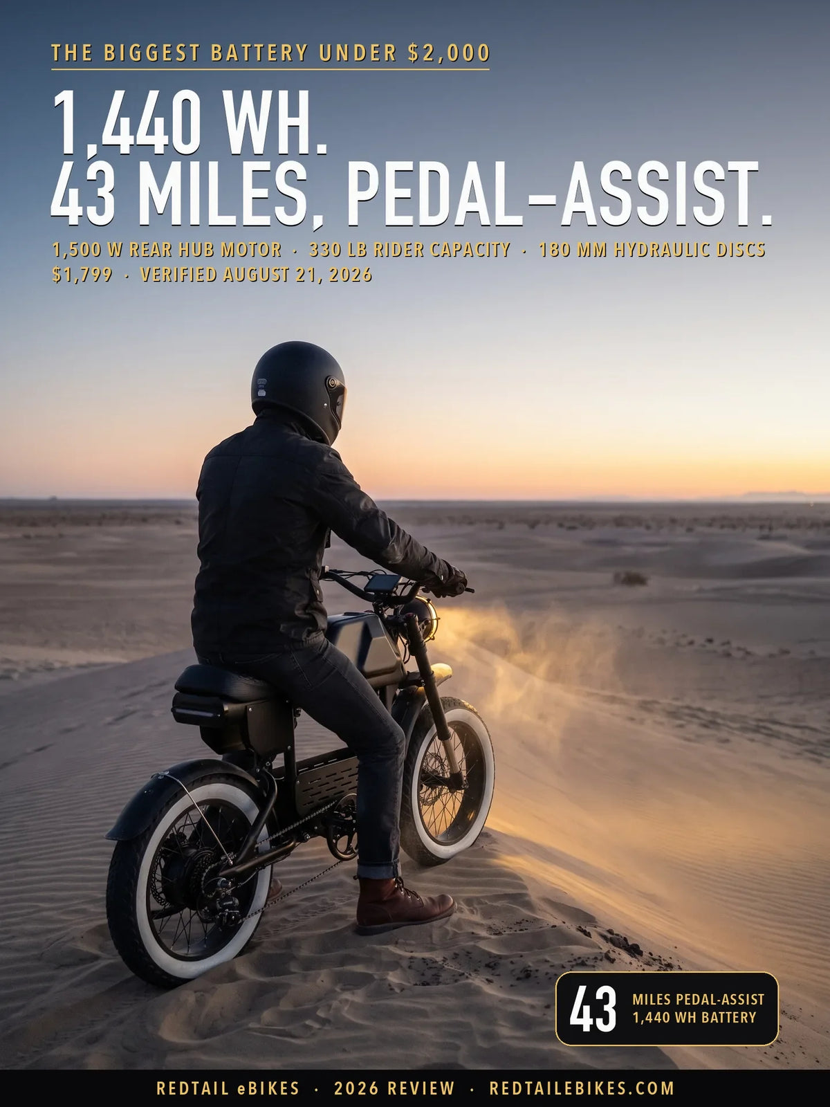 Eahora FT-01 Max on the crest of a sand dune at dawn, rider seen from behind, headlight on