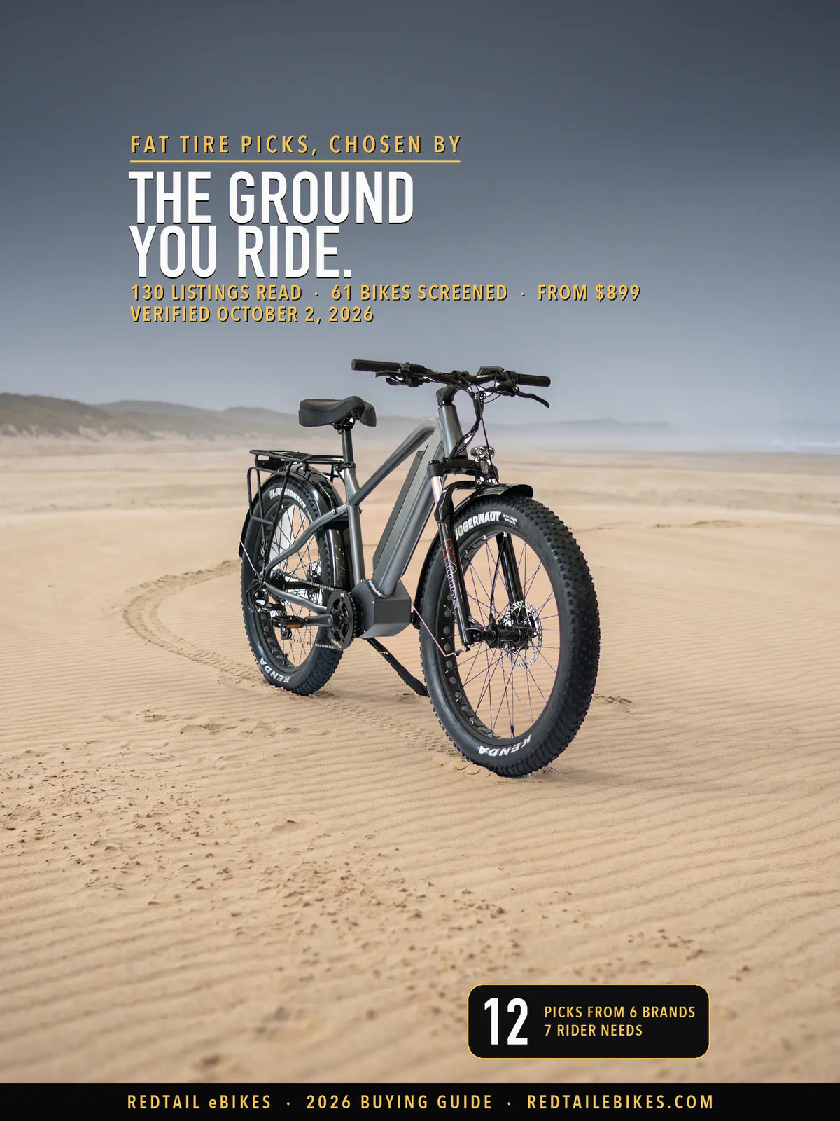 Best fat tire ebikes 2026 cover: the Eunorau FAT-HD 1.0 Pro in gray, from Eunorau's own photograph, on wind-rippled beach sand under an overcast sky, with the headline Fat tire picks, chosen by the ground you ride.