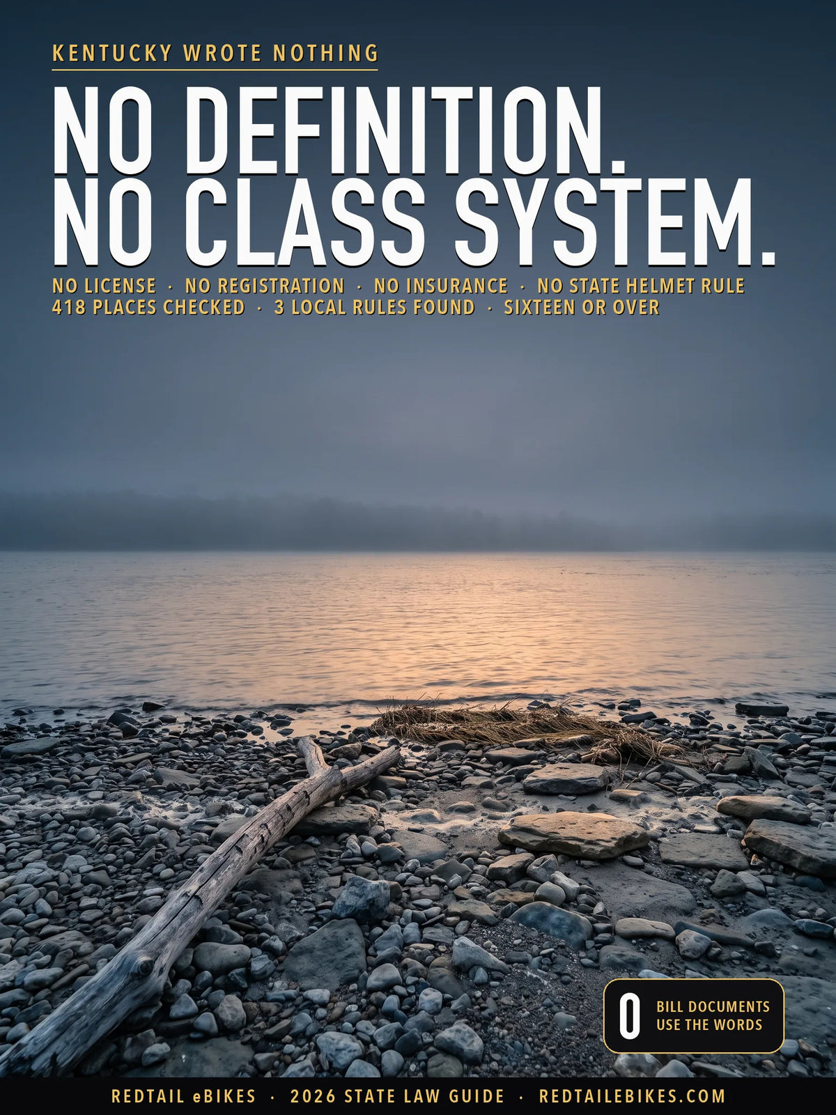 Kentucky eBike Laws 2026 cover: the headline NO DEFINITION. NO CLASS SYSTEM. over a wide Kentucky river at first light, open water under a clear pre-dawn sky with a gravel and limestone shoreline and a weathered driftwood branch in the foreground