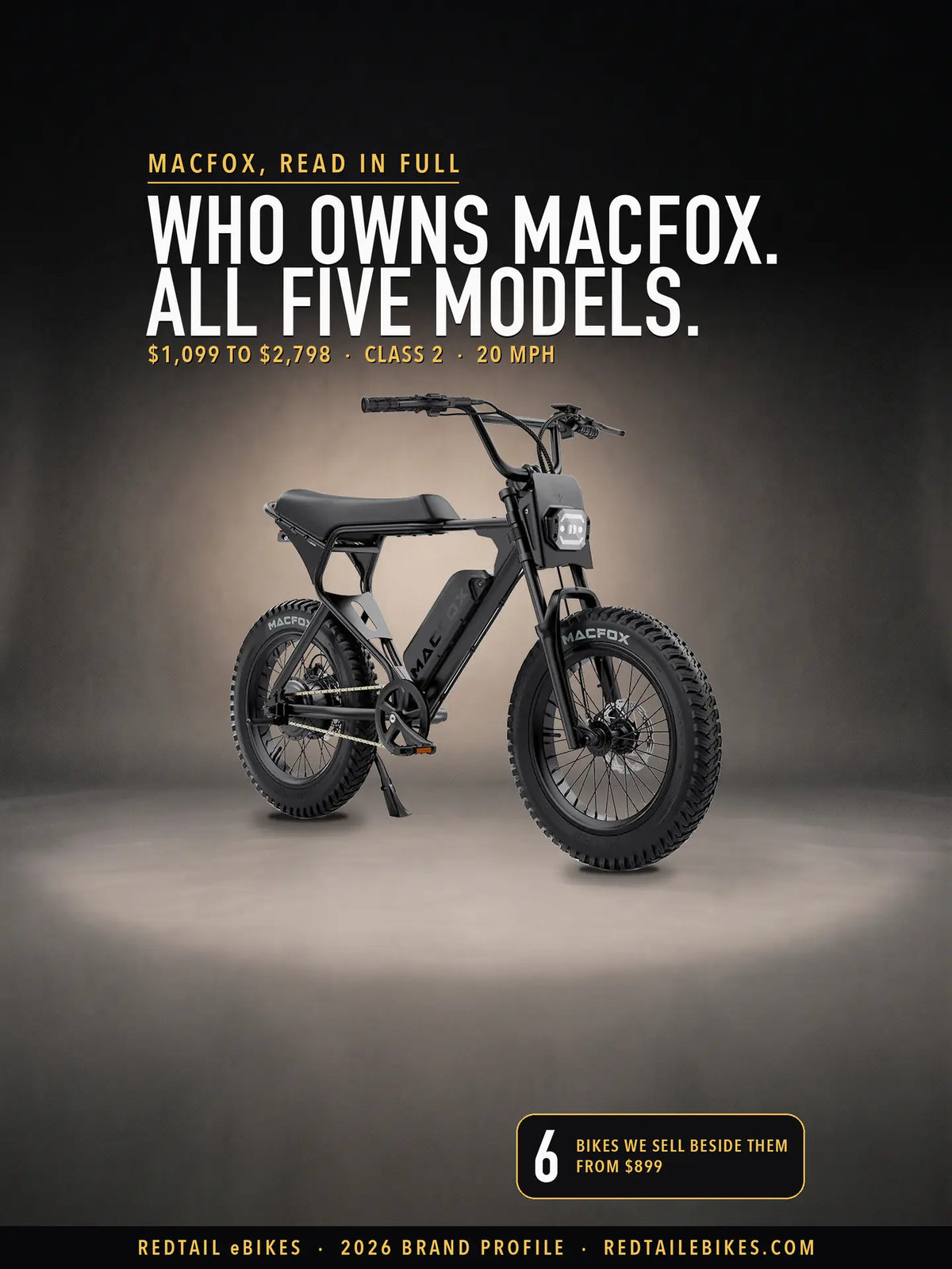 Macfox's own photograph of its X1S in Black, placed in a studio scene we built around it, under the headline Who owns Macfox. All five models., with $1,099 to $2,798 · Class 2 · 20 mph and a badge: 6 bikes we sell beside them, from $899