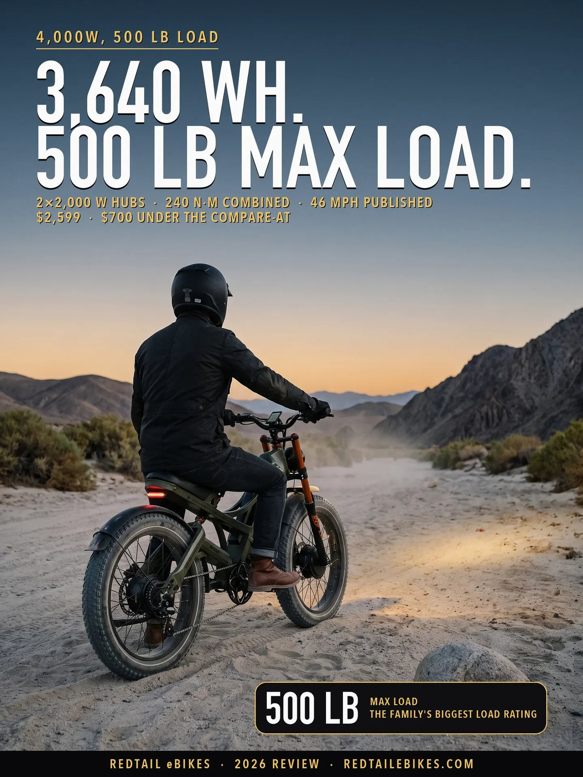 Eahora Romeo Pro II stopped in a sandy desert wash at dawn, rider seen from behind