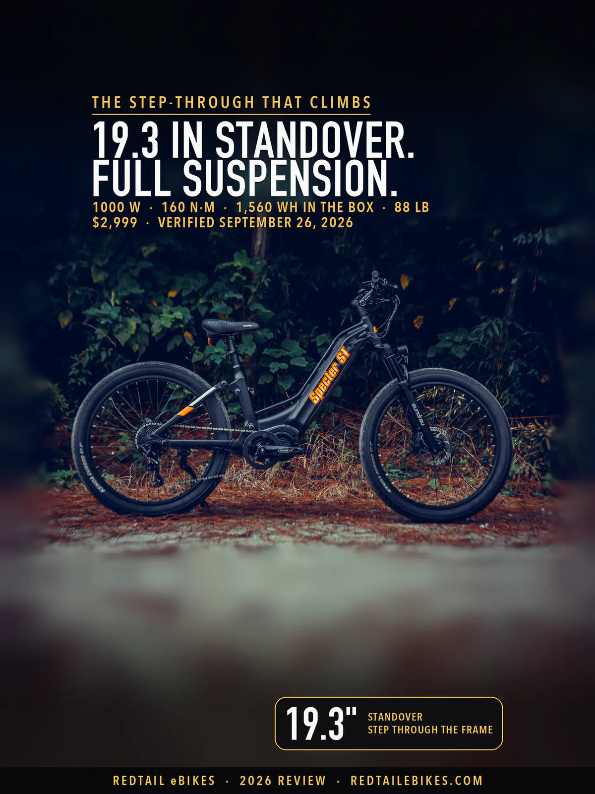 Eunorau SPECTER-ST 2.0 step-through full-suspension e-bike in Black parked on a forest path, side profile showing the Specter ST down-tube wordmark, the low step-through frame and the mid-drive motor