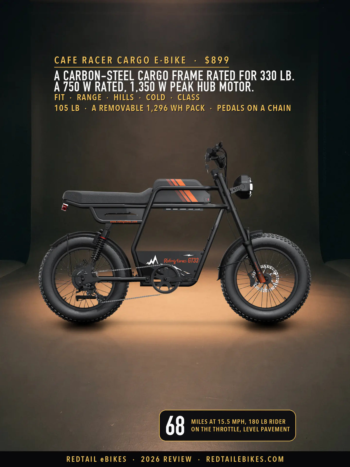 Riding'times GT33 cafe racer cargo e-bike in a dark studio under warm amber light, drive-side profile showing the long bench, the orange-striped pack housing, the round headlight, the chainring and derailleur, the rear hub motor and the fat 20-inch tires