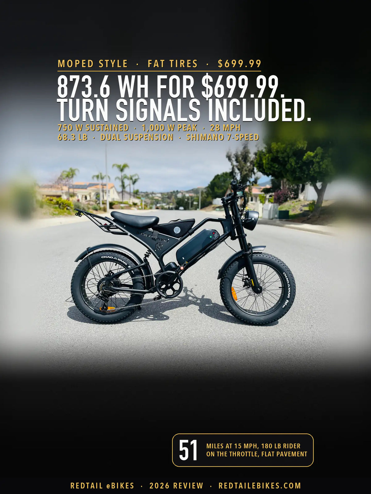 Smartravel Explorer DK400 moped-style fat-tire e-bike in black on a residential street, drive side, with the bench seat, the rear rack and 20 × 4.0 tires