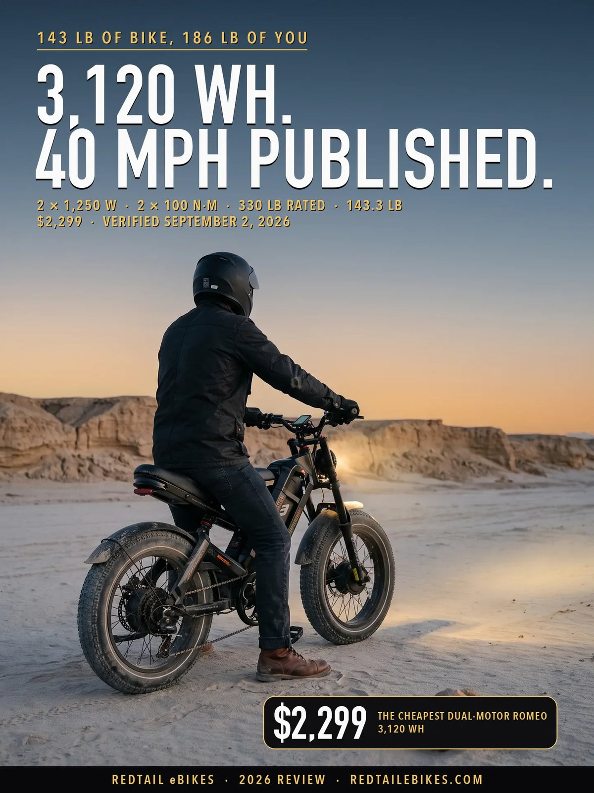 Eahora Romeo II stopped on open desert sand at dawn, rider seen from behind