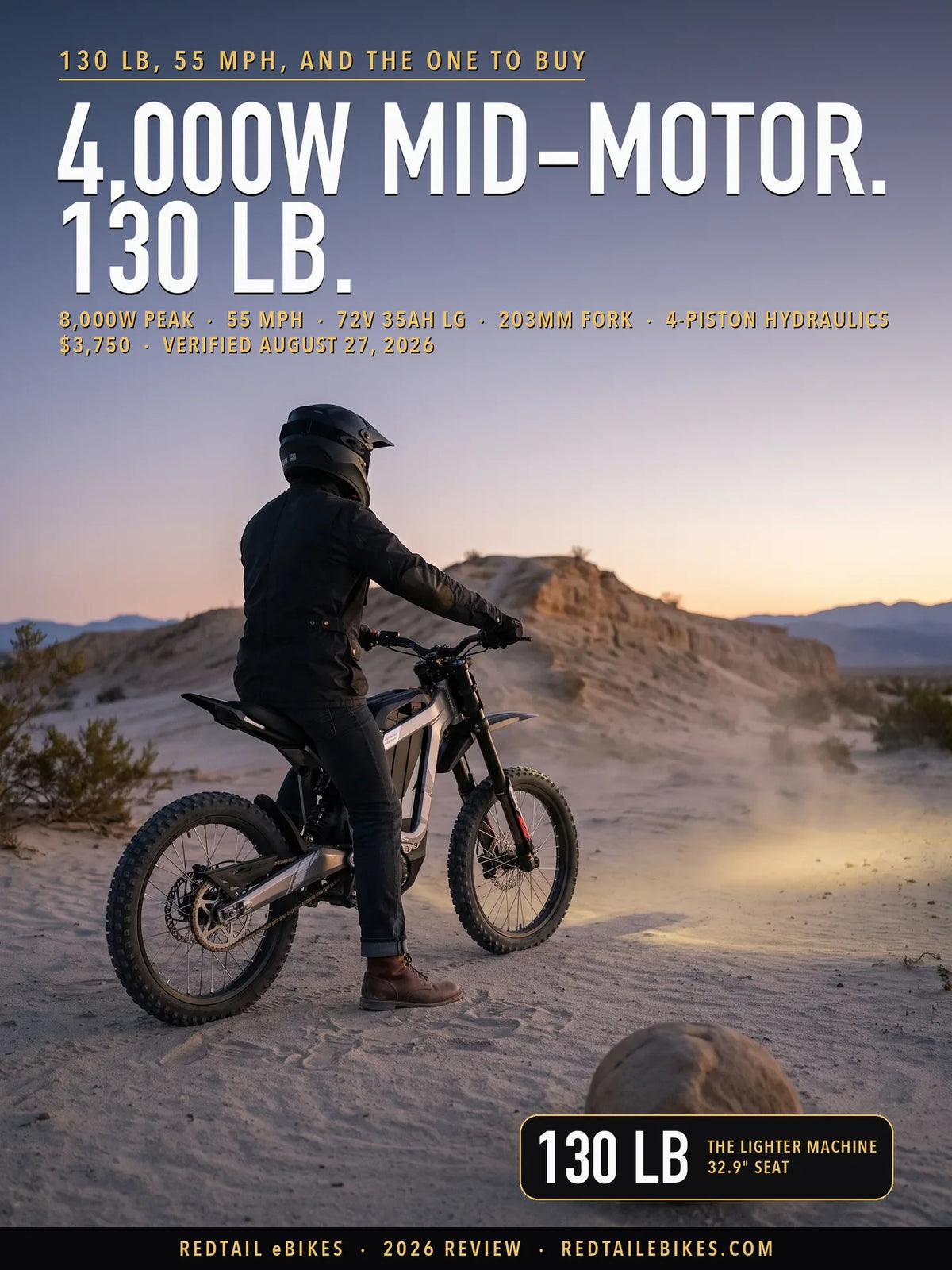 Eunorau R1 electric dirt bike stopped on open desert sand at dawn, rider seen from behind