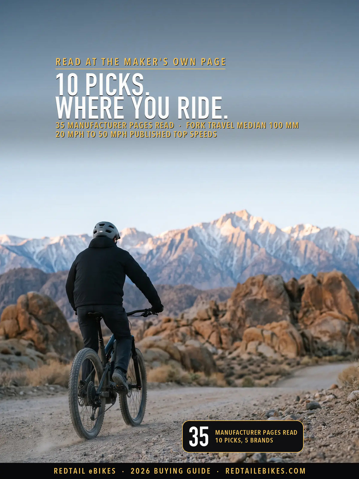 electric mountain bike cover: a rider on an electric bike at Movie Road, Alabama Hills National Scenic Area, BLM, Lone Pine, California, with the headline 10 PICKS. WHERE YOU RIDE. and the stat 35 manufacturer pages read
