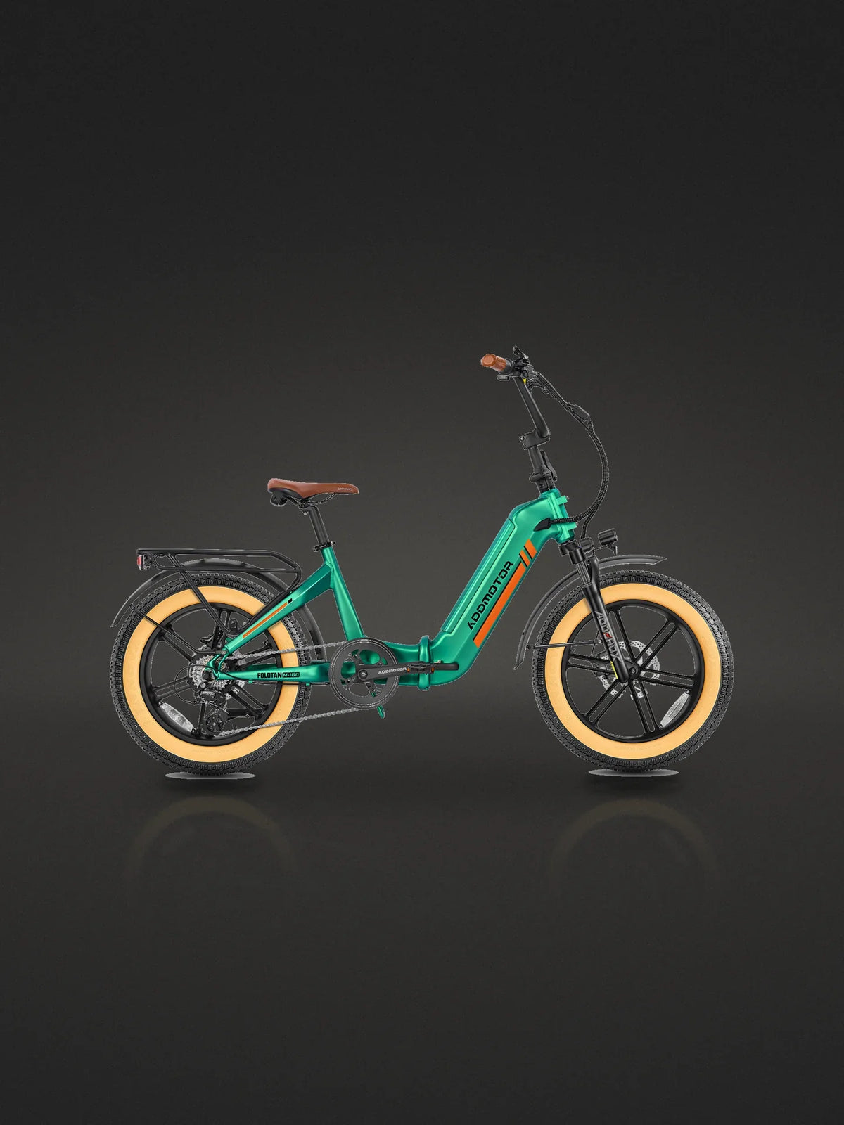 folding electric bike: the Addmotor FoldTan M-160 in Olive Green, from Addmotor's own photograph, on a dark studio backdrop
