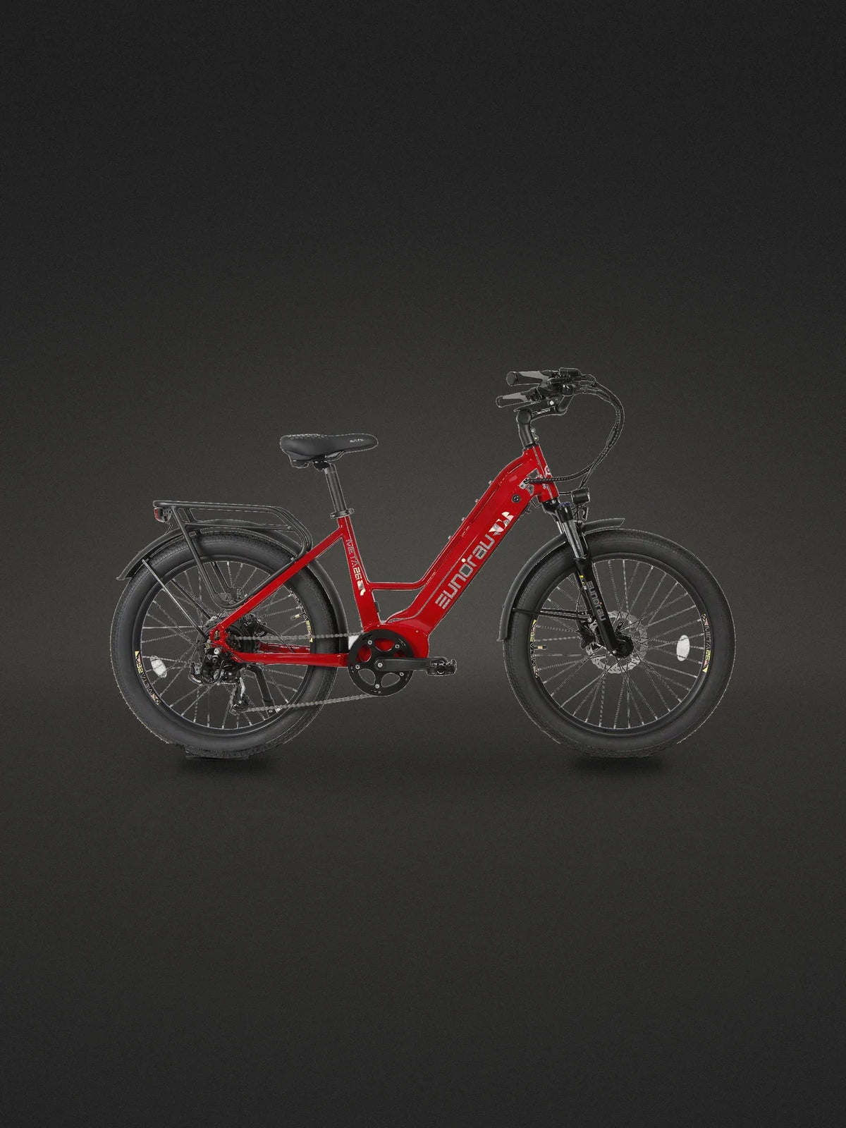 electric bike for tall riders: the Eunorau META26 in Deep Crimson, from Eunorau's own photograph, on a dark studio backdrop
