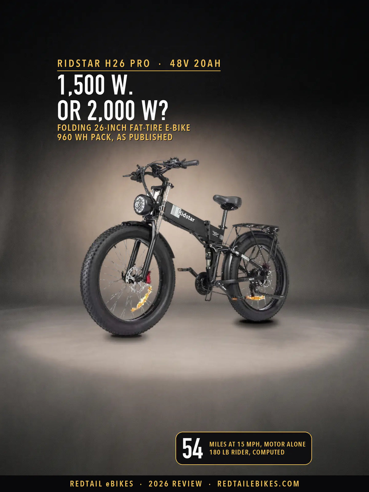 The Ridstar H26 Pro in black in a spotlit charcoal studio, under the headline 1,500 W. Or 2,000 W? with the line 960 Wh pack, as published and a badge reading 54 miles at 15 mph, motor alone