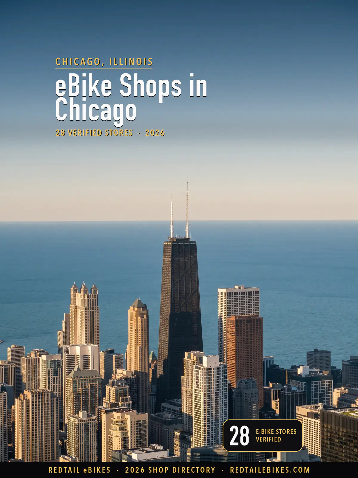 Cover reading eBike Shops in Chicago, 28 verified stores, over 875 North Michigan Avenue, the tapered dark tower with X-braced sides and twin antennas, above Lake Michigan and the Near North Side skyline