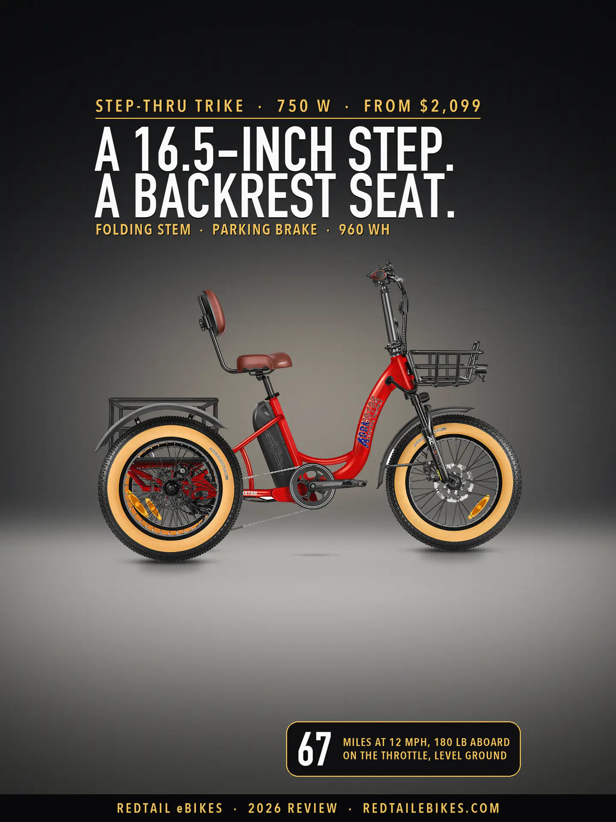 Addmotor Triketan M-330 step-through trike in Candy Red on a lit studio floor, side view, under the headline A 16.5-inch step. A backrest seat. and a badge reading 67 miles at 12 mph, 180 lb aboard, on the throttle, level ground