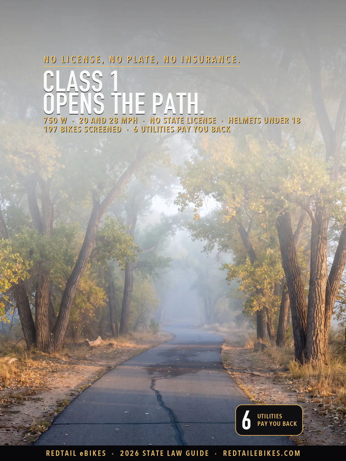 New Mexico eBike Laws 2026 cover: NO LICENSE, NO PLATE, NO INSURANCE. above the headline CLASS 1 OPENS THE PATH., a gold stat line and a 6 UTILITIES PAY YOU BACK badge, over the Paseo del Bosque Trail in Albuquerque's cottonwood bosque