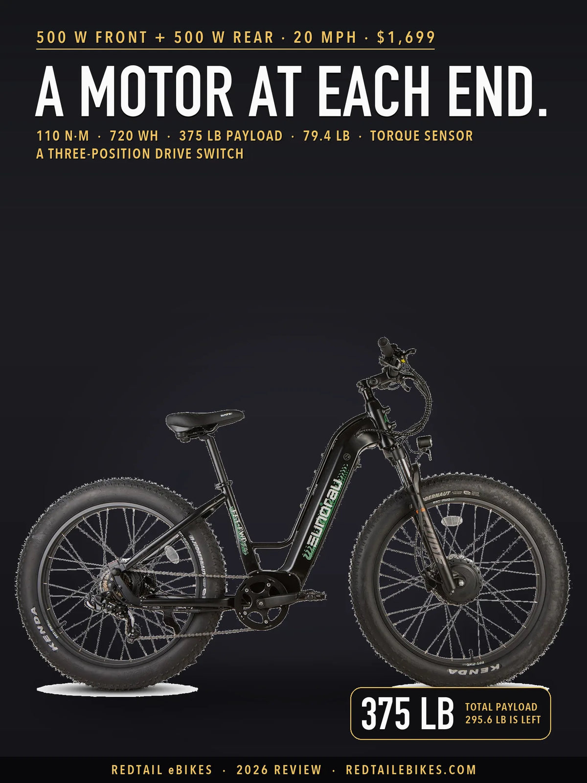 Eunorau FAT-AWD 3.0 all-wheel-drive electric bike in Raven black, studio side profile showing the step-through frame, front hub motor and 26 by 4.0 inch fat tires