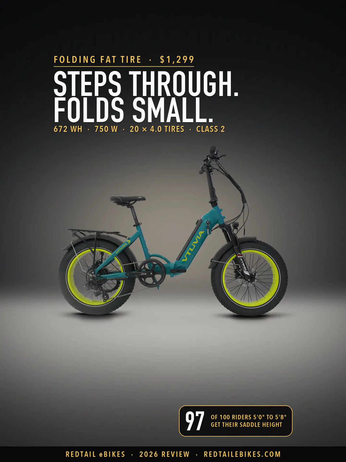 VTUVIA SX20 in Teal Blue on a lit studio floor against a dark wall, side view, under the headline Steps through. Folds small. and a badge reading 97 of 100 riders 5'0" to 5'8", get their saddle height