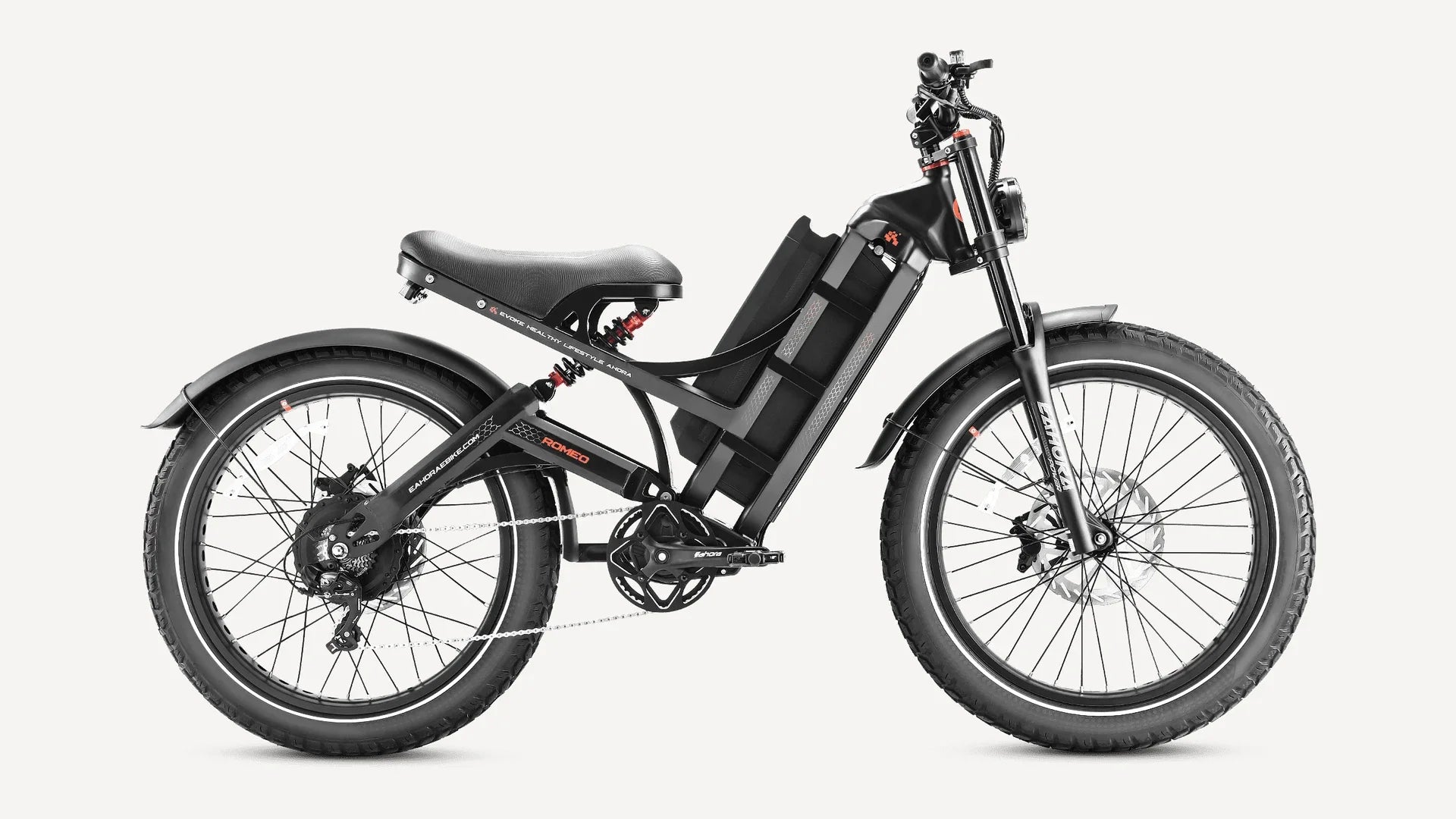 Eahora Romeo Ultra moped-style electric bike in black, drive-side profile on studio background