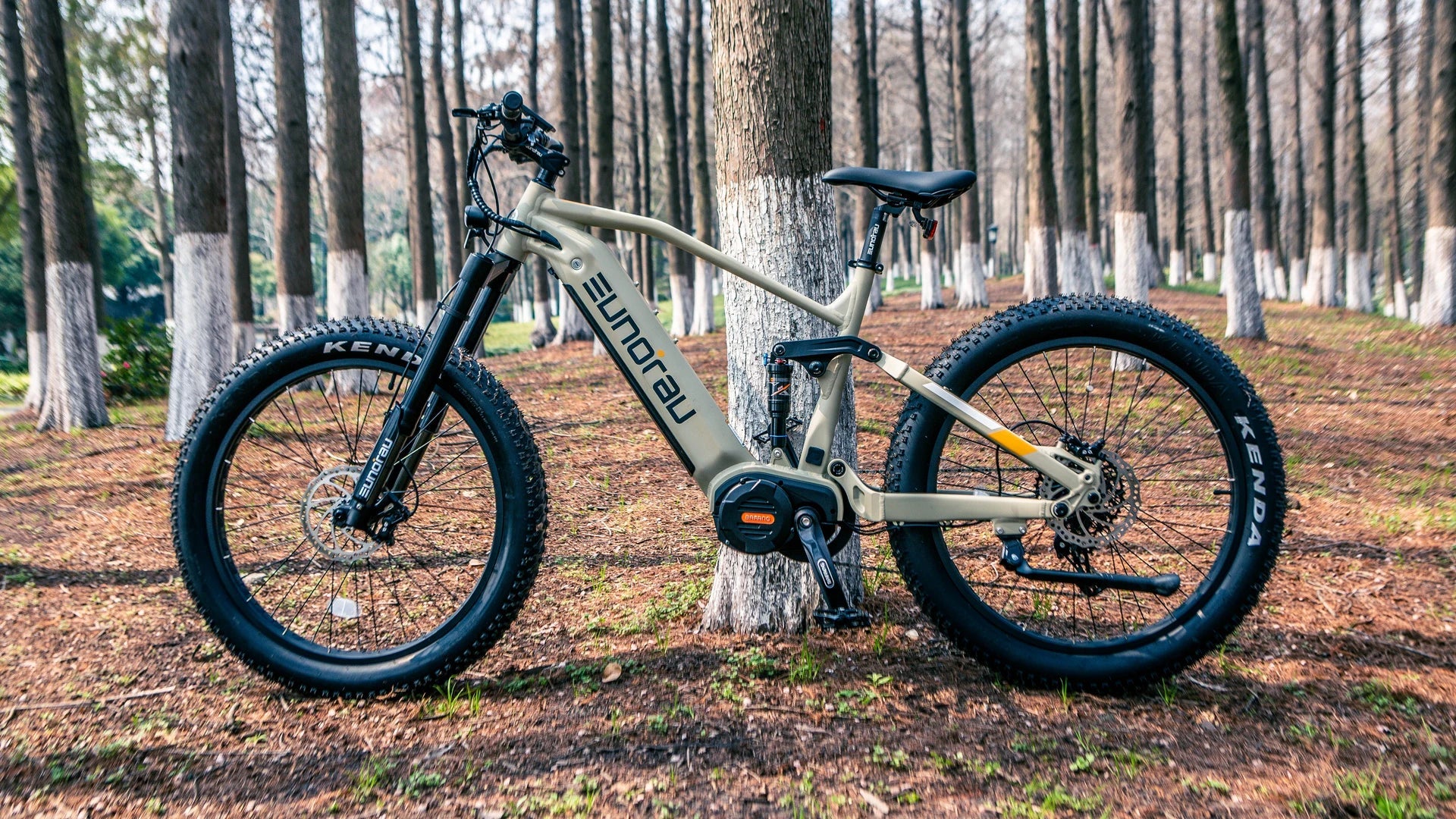 Eunorau SPECTER-S 3.0 Hunter X9 fat-tire electric bike leaning against a whitewashed tree trunk in a forest