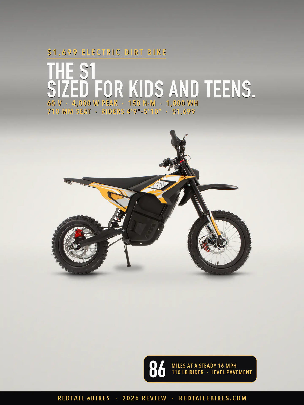 The Eunorau S1 electric dirt bike in Orange, brake side, on a light studio floor