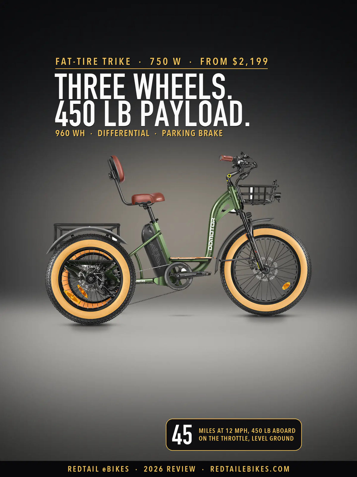 Addmotor Grandtan M-340 electric trike in Army Green on a lit studio floor against a dark wall, side view, under the headline Three wheels. 450 lb payload. and a badge reading 45 miles at 12 mph, 450 lb aboard, on the throttle, level ground