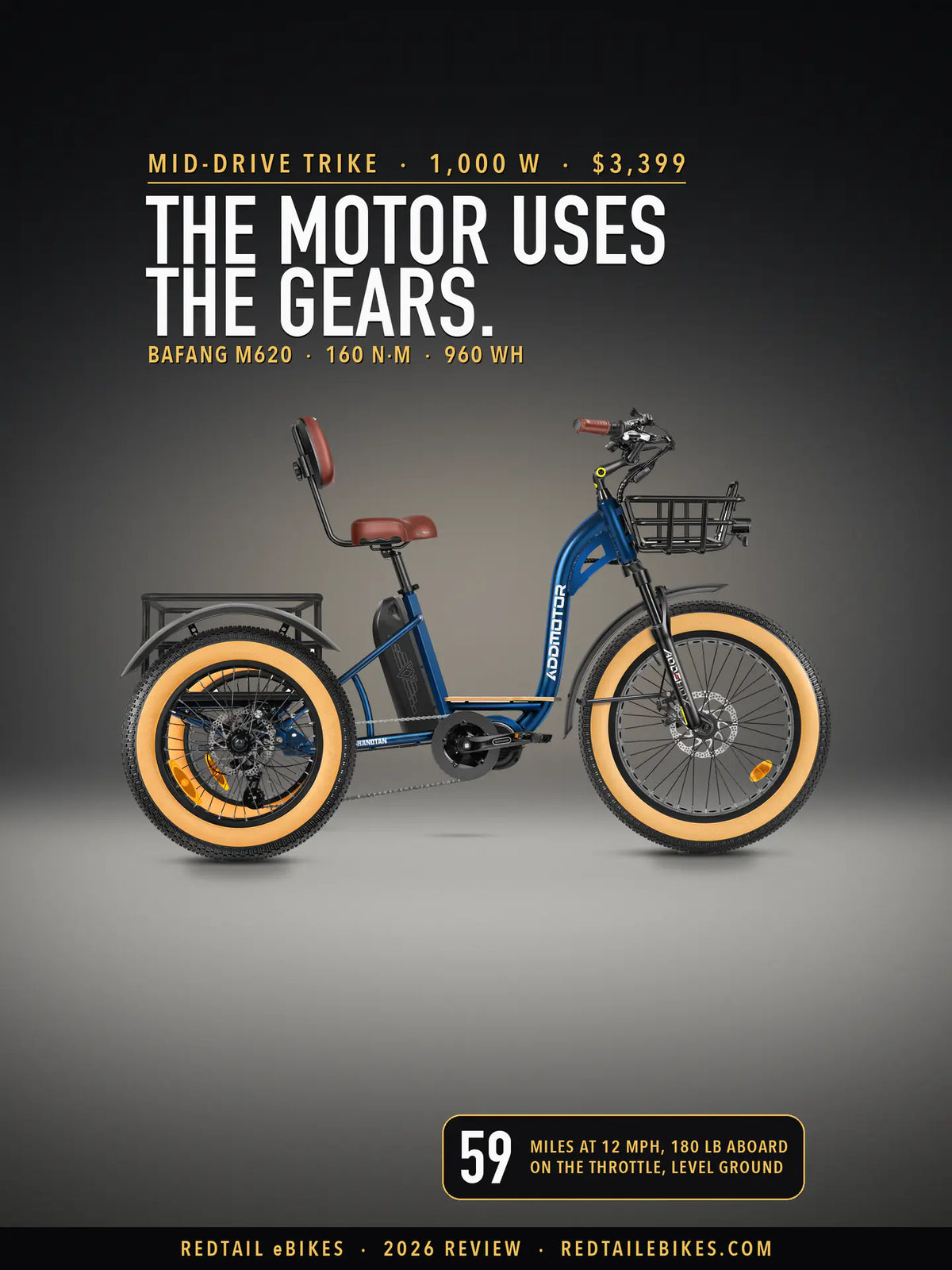 Addmotor Grandtan Turbo electric trike in Neptune Blue on a lit studio floor against a dark wall, side view, under the headline The motor uses the gears. and a badge reading 59 miles at 12 mph, 180 lb aboard, on the throttle, level ground