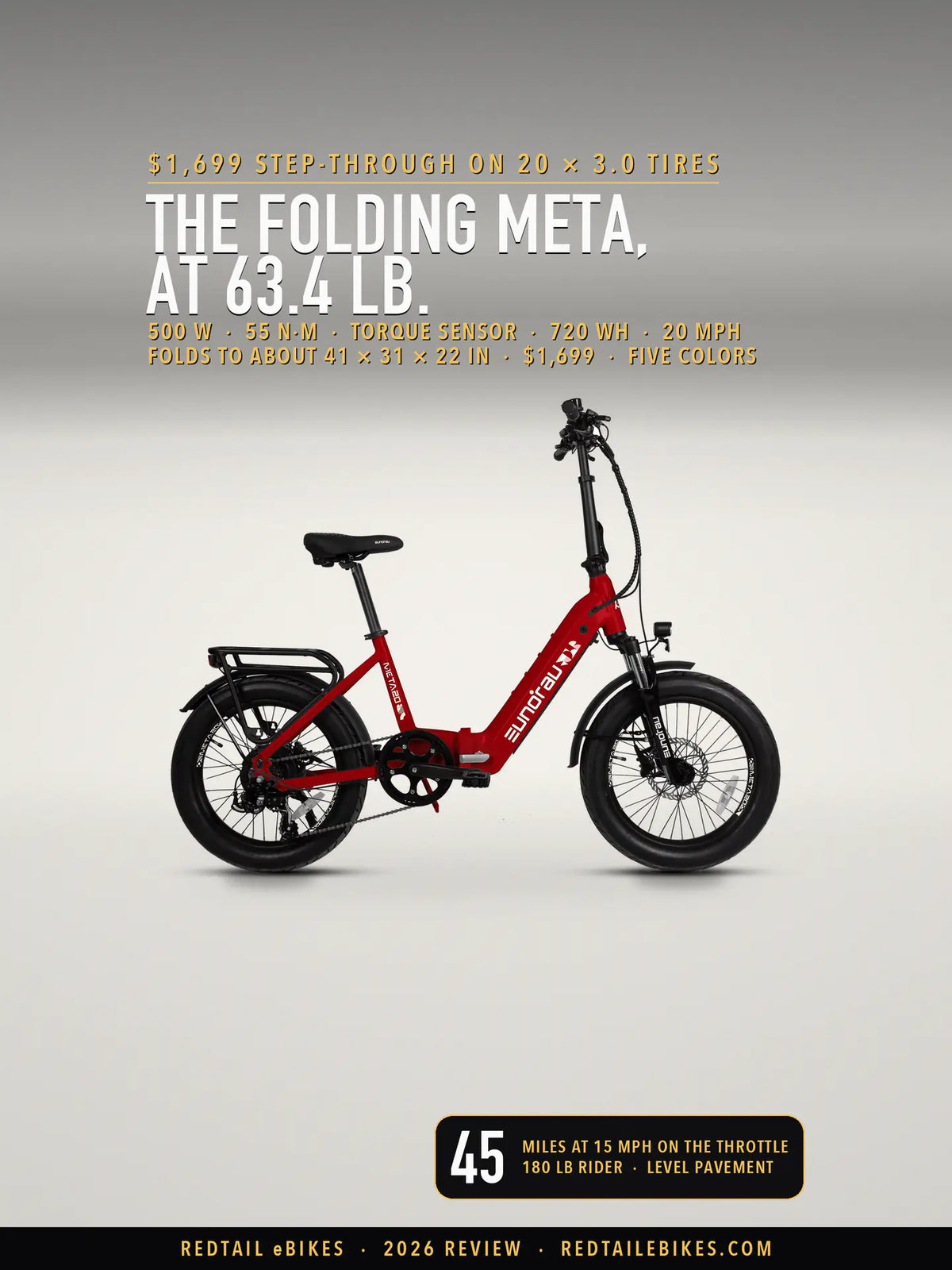 The Eunorau META20 1.0 folding step-through e-bike in Deep Crimson, drive side, on a light studio floor