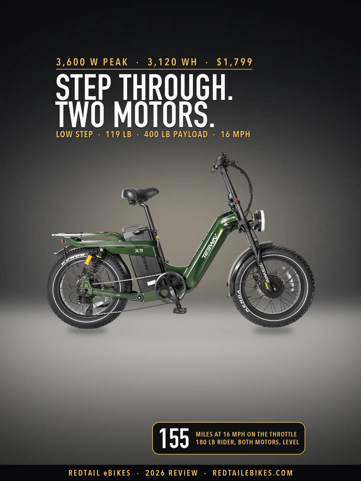 Tesway X5 AWD in Dark Green on a lit studio floor against a dark wall, side view, under the headline Step through. Two motors. and a badge reading 155 miles at 16 mph on the throttle, 180 lb rider, both motors, level