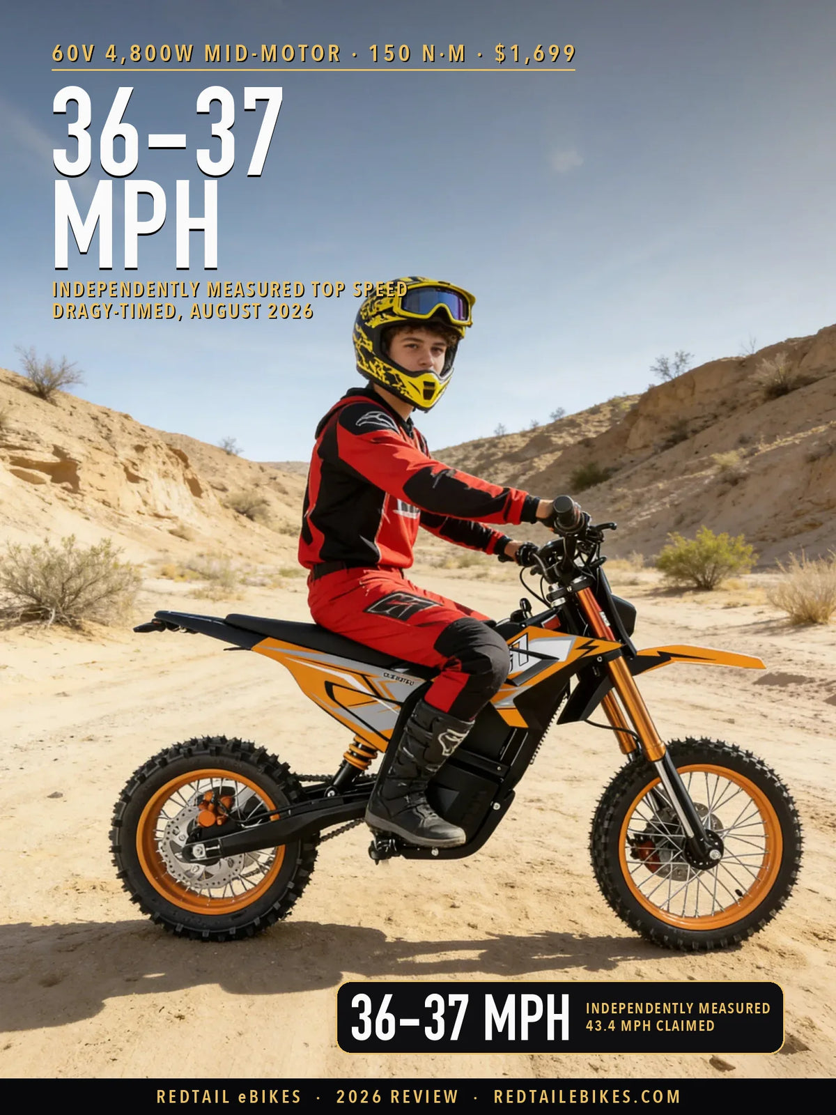 Eunorau S1 electric dirt bike, helmeted teenage rider seen from the side in a desert wash, orange colorway