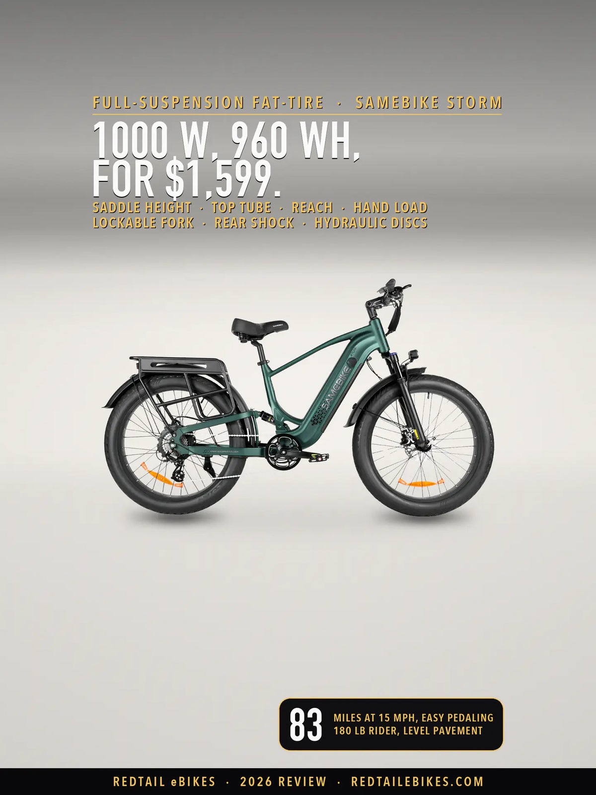 Samebike STORM fat-tire e-bike in Green standing on a light studio floor, drive side, with the SAMEBIKE wordmark on the down tube, the rear rack, the front fork, the headlight and 26 × 4.0 tires
