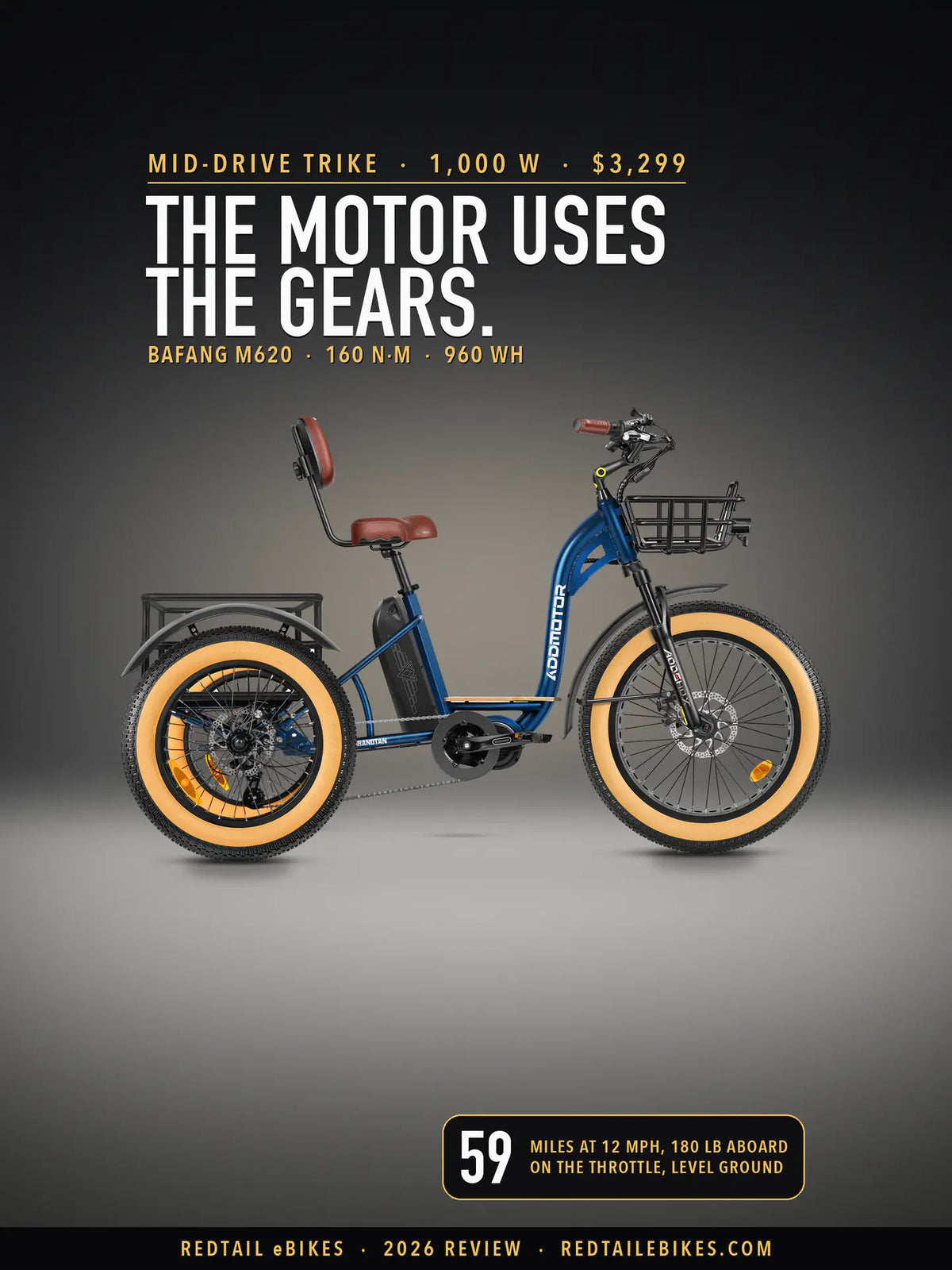 Addmotor Grandtan Turbo electric trike in Neptune Blue on a lit studio floor against a dark wall, side view, under the headline The motor uses the gears. and a badge reading 59 miles at 12 mph, 180 lb aboard, on the throttle, level ground