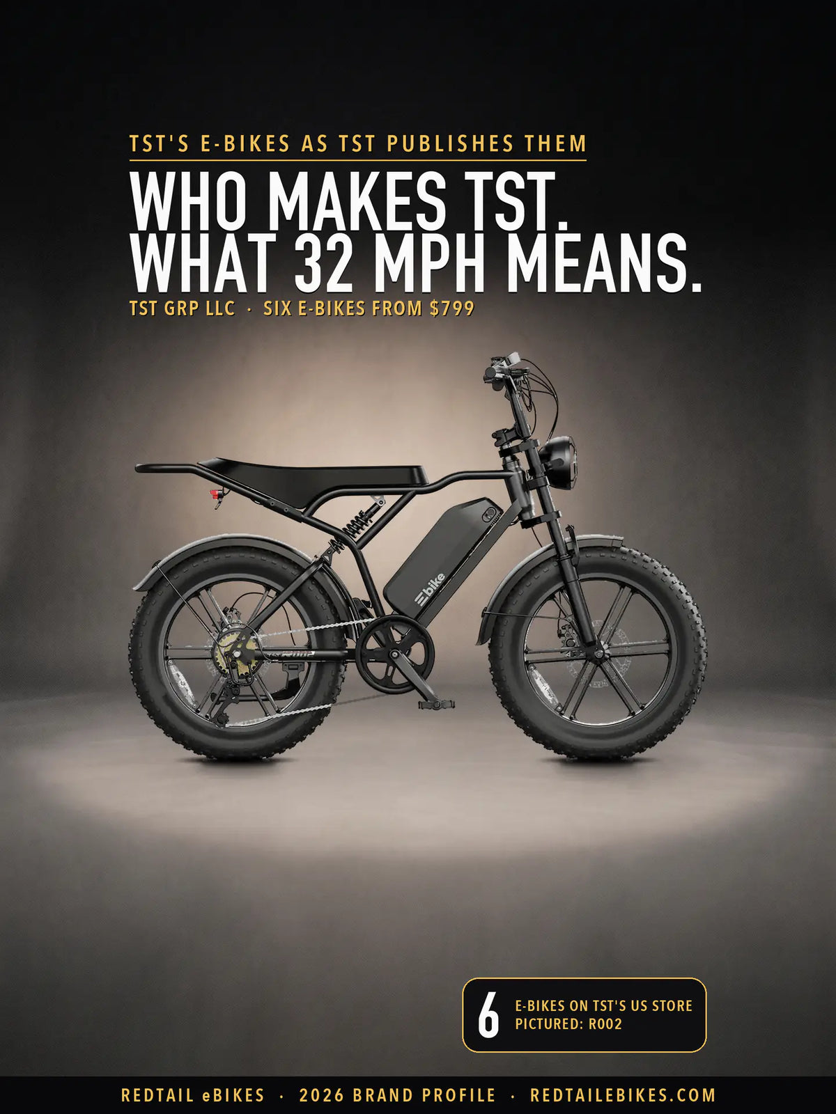 Cover: the TST R002 in black, from TST's own product image, standing in a dark studio. Text: Who makes TST. What 32 mph means. TST GRP LLC, six e-bikes from $799. 6 e-bikes on TST's US store; pictured: R002.