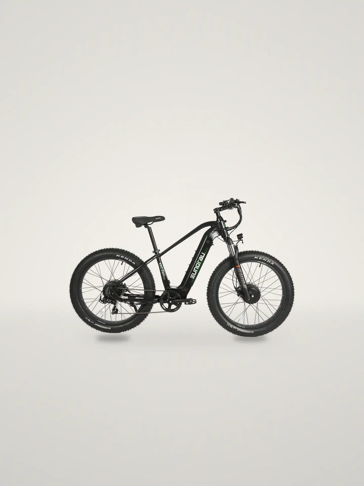 Electric bike frame types: Eunorau's own photograph of the FAT-AWD 2.0 step-over in Raven, on a light studio sweep