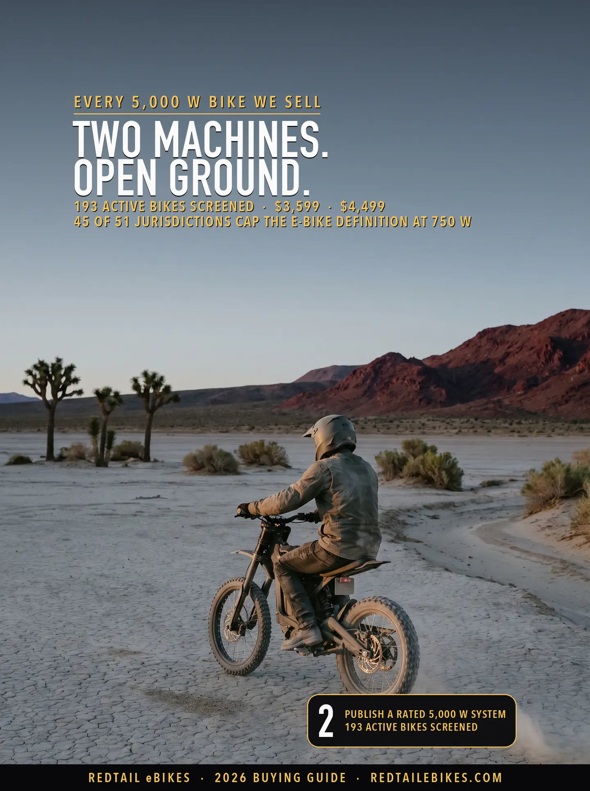 A rider on a high-power electric off-road motorbike crossing a dry lakebed in the Johnson Valley OHV area at first light