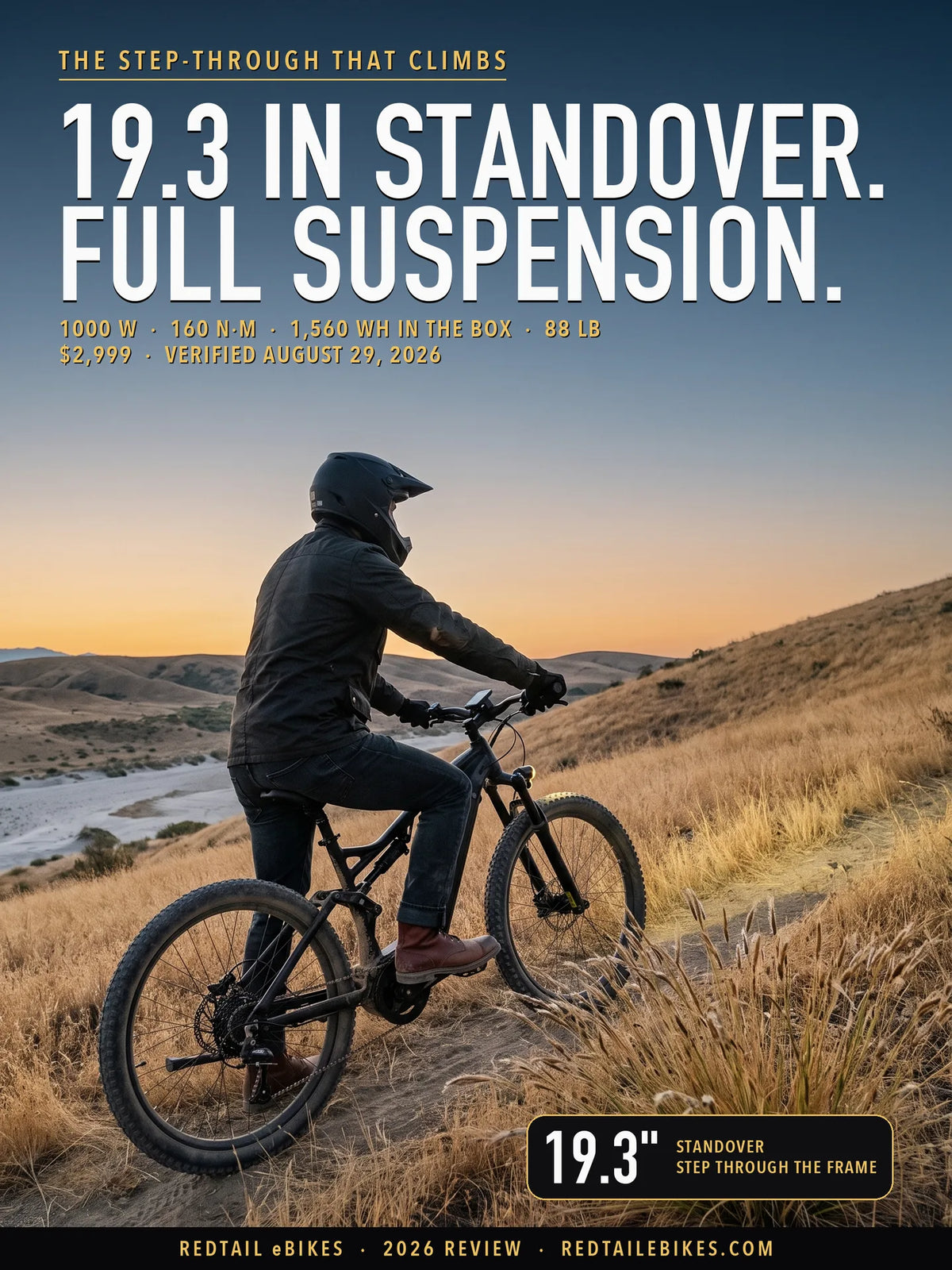 Eunorau SPECTER-ST 2.0 stopped on a grass hillside at dawn, rider seen from behind