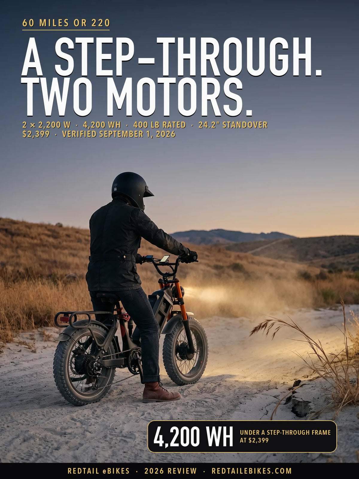 Eahora Juliet Pro II stopped in a sand wash below grass hills at dusk, rider seen from behind