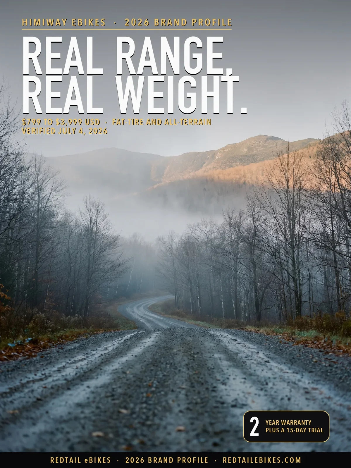 Himiway brand profile 2026 cover: real range, real weight, $799 to $3,999, over a gravel forest road in the White Mountains