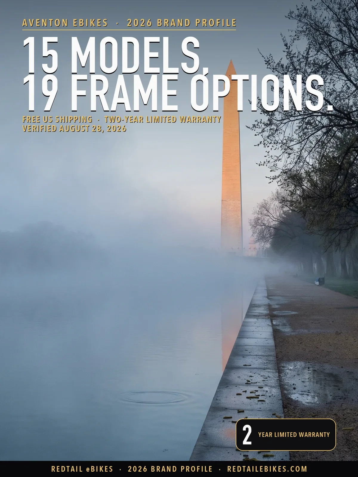 Aventon brand profile 2026 cover: 15 models, 19 frame options, free US shipping, over the fogged Reflecting Pool on the National Mall