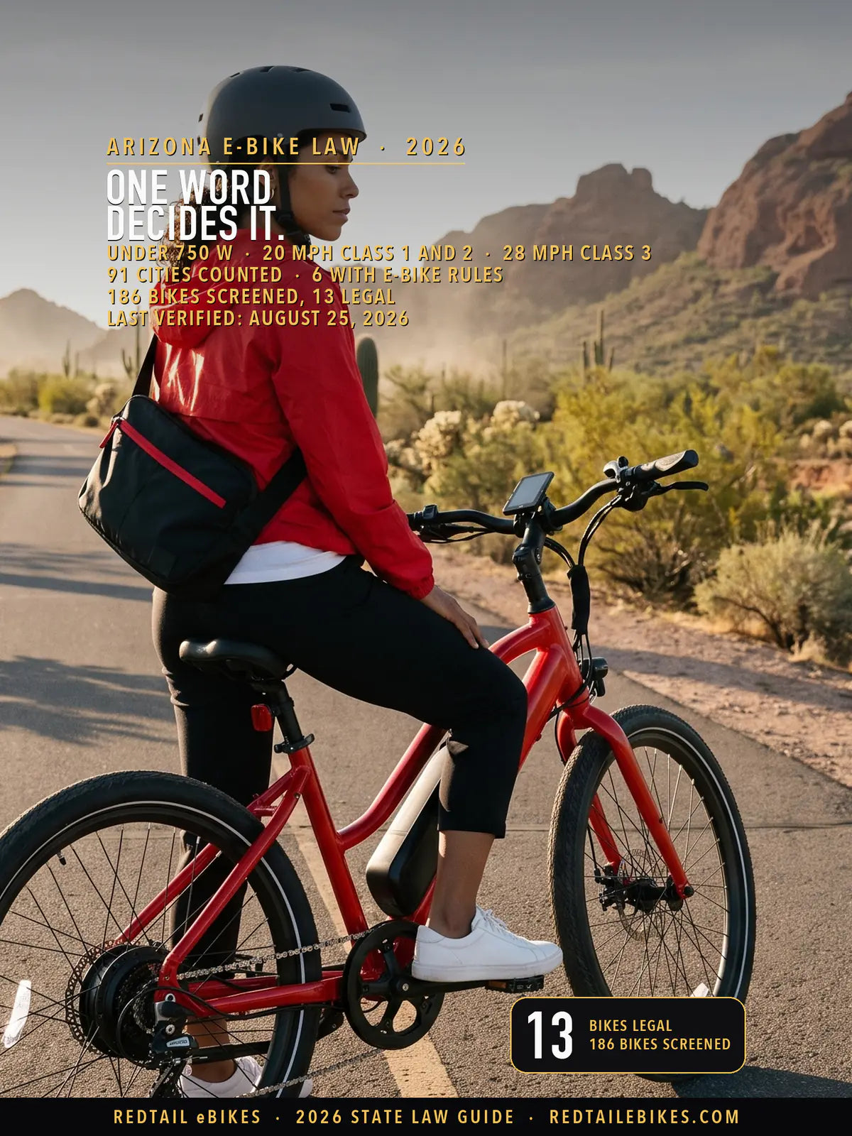 Rider in a fitted helmet on a red electric commuter bike with a downtube battery, stopped on a paved desert path with saguaro cactus and red rock buttes behind under early morning light in Arizona