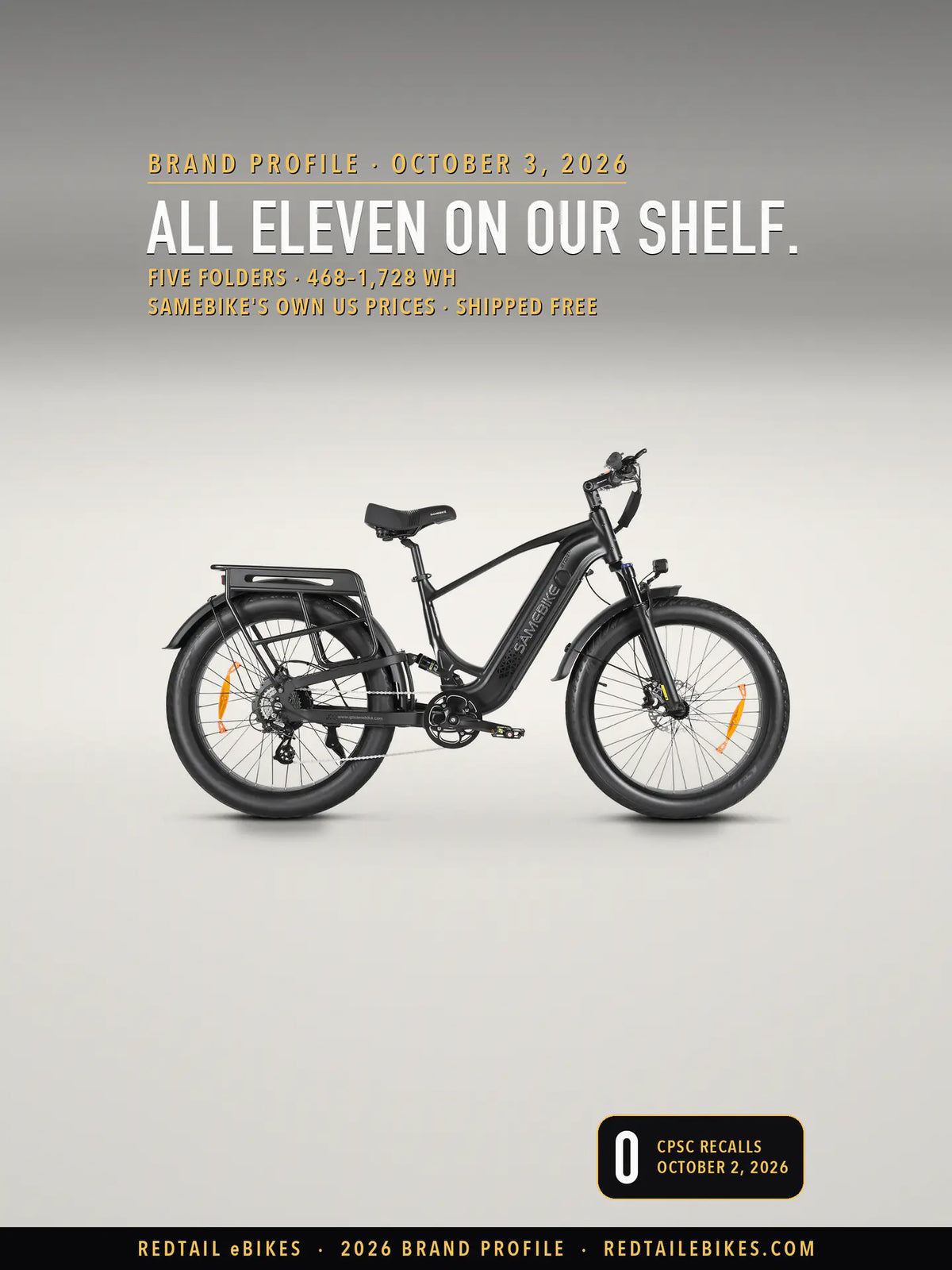 Samebike STORM fat-tire e-bike in Black on a light studio floor, side view, under the headline all eleven on our shelf