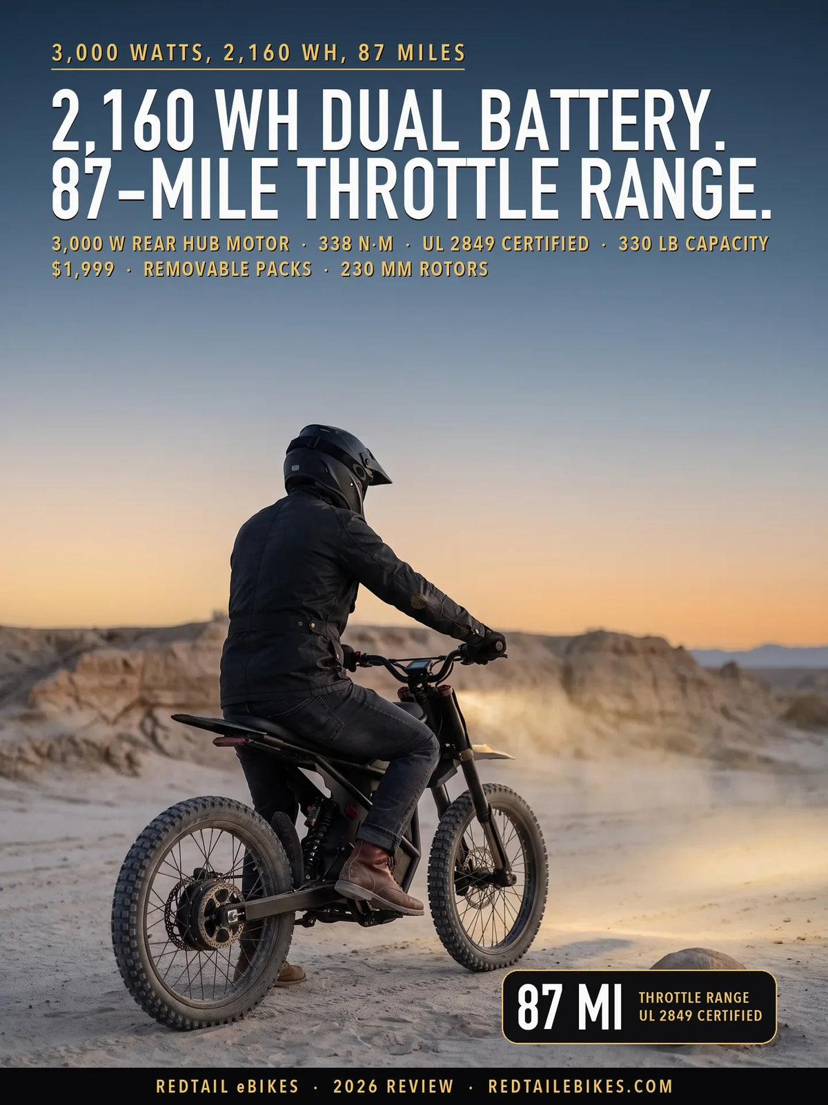Riding'times GT73 Pro stopped on open desert sand at dawn, rider seen from behind on the footpegs