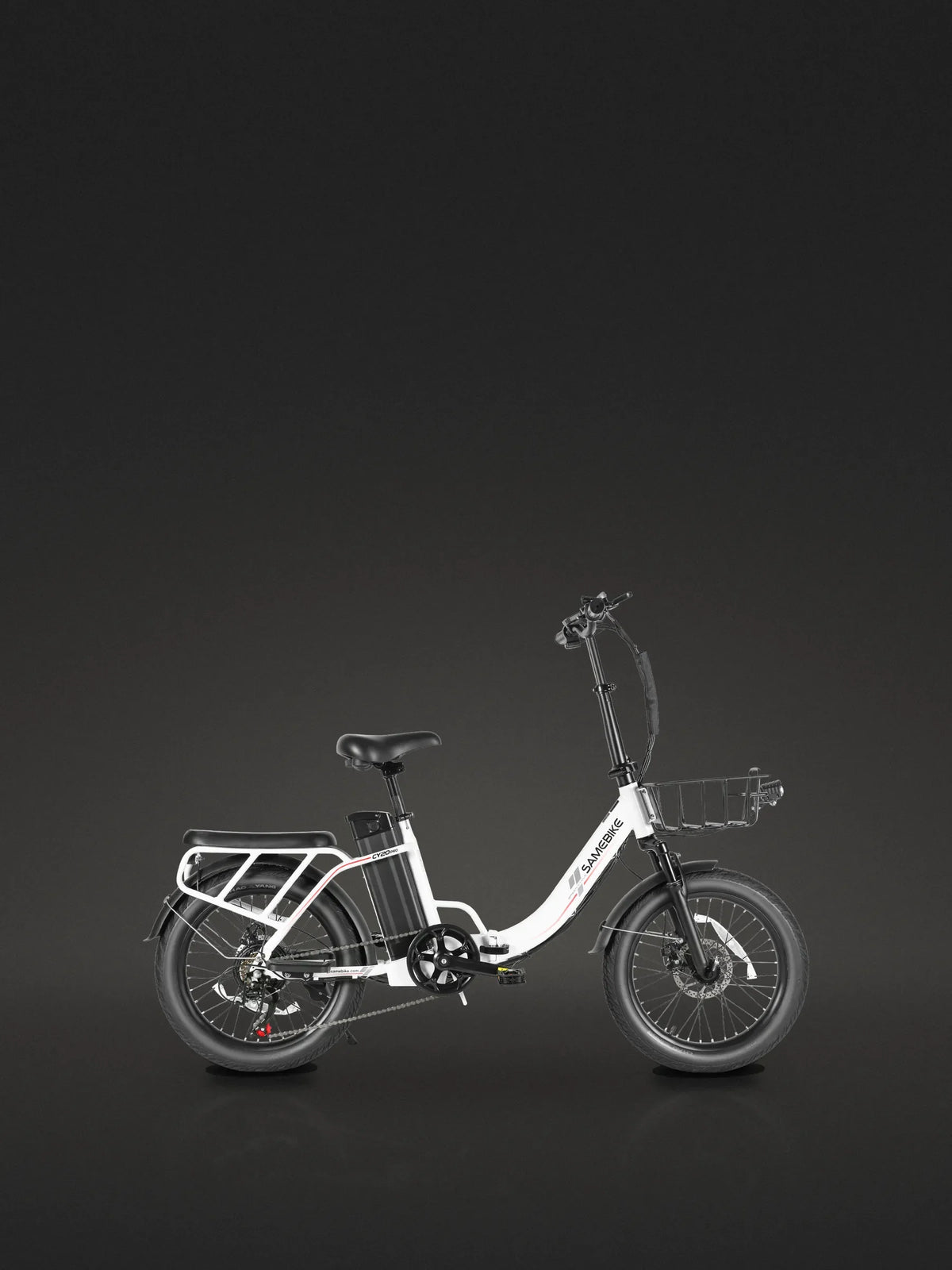 Lectric XP Lite 2.0 review: the folding e-bike we sell next to it, the Samebike CY20 Pro in White, standing on a dark studio floor