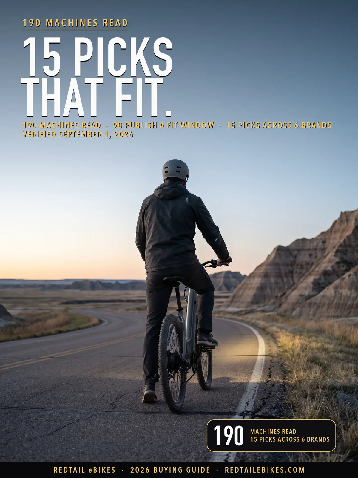 electric bike for tall riders cover: a rider on an electric bike at Badlands Loop Road (SD 240), Badlands National Park, South Dakota, with the headline 15 PICKS THAT FIT and the stat 190 machines read