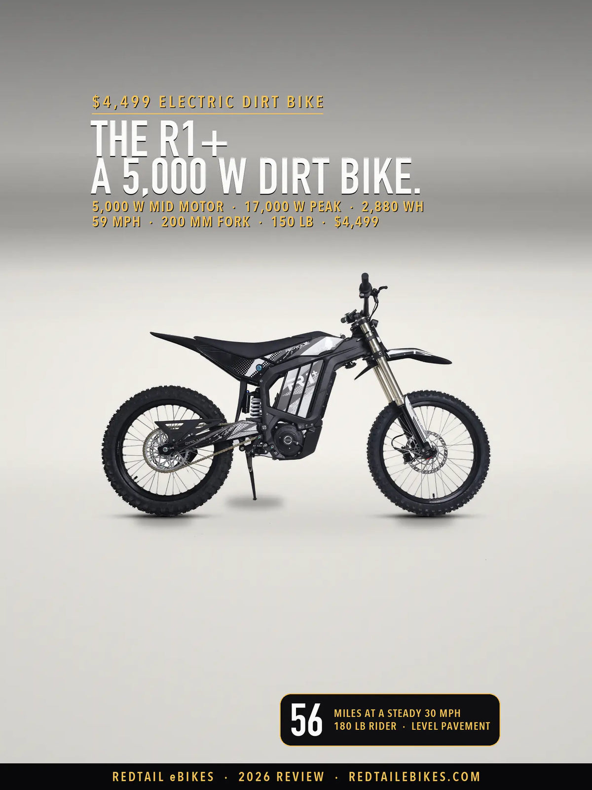 The Eunorau R1+ electric dirt bike in Black, chain side, on a light studio floor