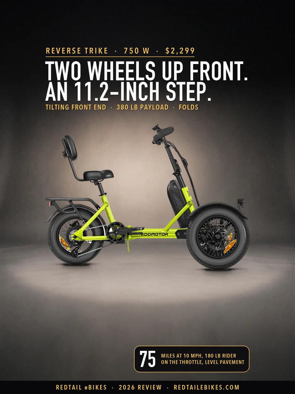 Addmotor SpytanX in Olive Green in side view on a charcoal studio floor under a warm glow, under the headline Two wheels up front. An 11.2-inch step. and a badge reading 75 miles at 10 mph