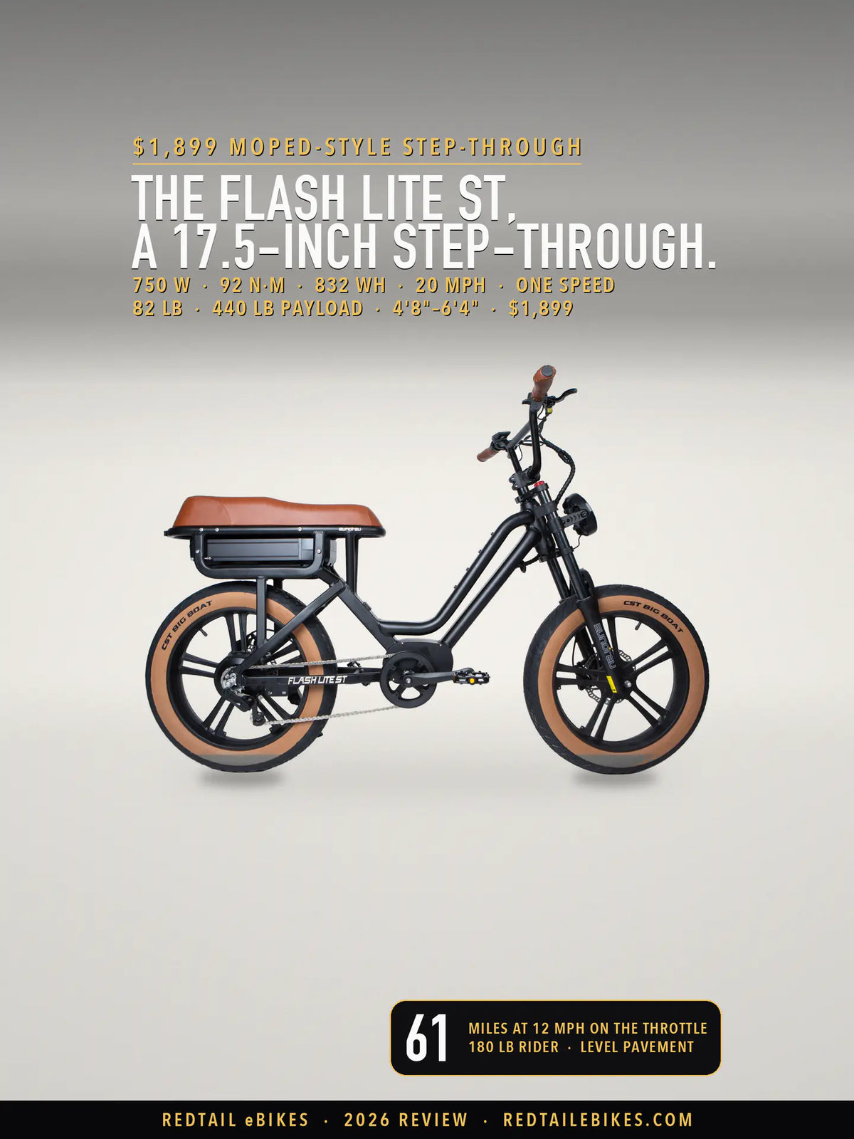 The Eunorau FLASH LITE ST step-through e-bike in Midnight Black, chain side, on a light studio floor
