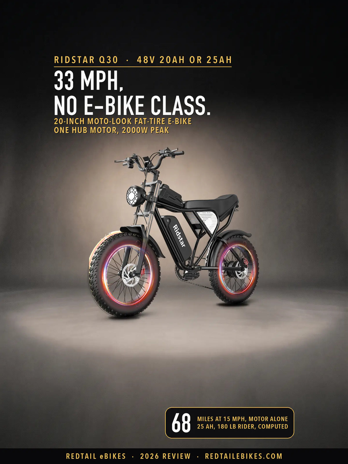 The Ridstar Q30 in black, its caged round headlight and long bench in a pool of light in a charcoal studio, under the headline 33 mph, no e-bike class, the line one hub motor, 2000W peak, and a badge reading 68 miles at 15 mph, motor alone