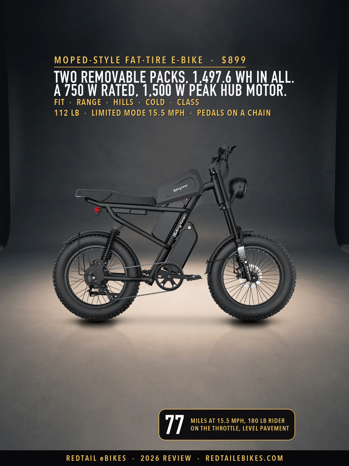 Riding'times Z8 Pro moped-style e-bike in a dark studio under warm light, drive-side profile showing the seat, the case on the top tube, the two battery packs in the frame, the round headlight and the 20 by 4 fat tires