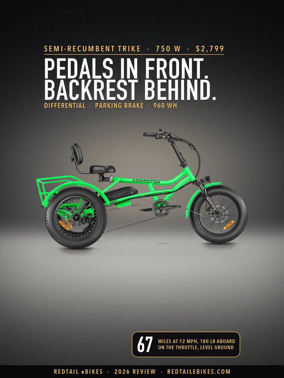 Addmotor Arisetan II M-360 semi-recumbent trike in Green on a lit studio floor, side view, under the headline Pedals in front. Backrest behind. and a badge reading 67 miles at 12 mph, 180 lb aboard, on the throttle, level ground
