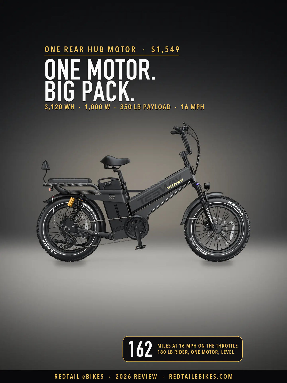 Tesway X7 PRO in Black on a lit studio floor against a dark wall, side view, under the headline One motor. Big pack. and a badge reading 162 miles at 16 mph on the throttle, 180 lb rider, one motor, level